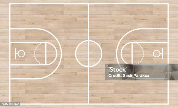 Vista Dallalto Campo Da Basket E Linea Di Layout Su Sfondo Strutturato In Legno - Fotografie stock e altre immagini di Basket