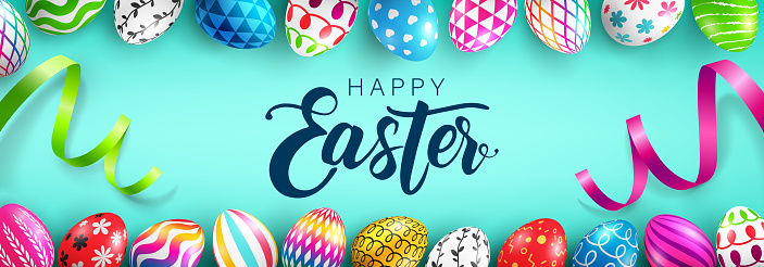Easter Day web banner background template with Colorful Painted Easter Eggs.Easter eggs with different texture.Vector illustration EPS10