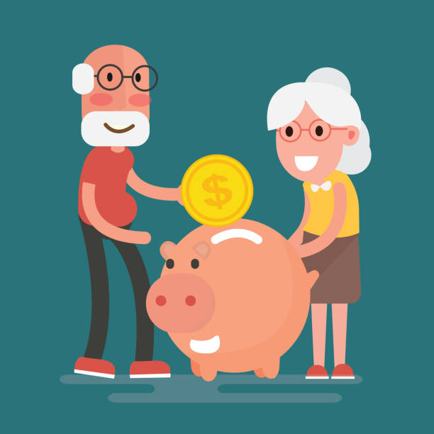 Old people keep their savings in the piggy bank vector art illustration