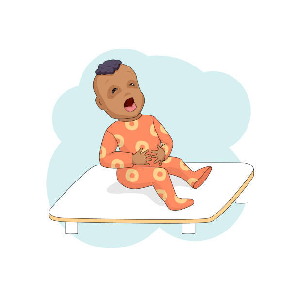 Little child in the clinic cries, clings to the stomach. Little black child in the clinic cries, clings to the stomach. Modern style, isolated on white background. Vector illustration. Square layout. black baby crying drawing stock illustrations