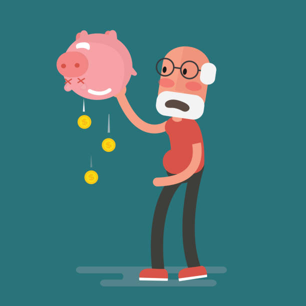 financial crisis - Senior Man with piggy bank, Pension vector art illustration