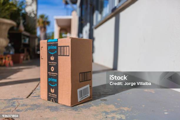 Cardboard Package Delivery At Front Door Stock Photo - Download Image Now - Amazon.com, Box - Container, Package