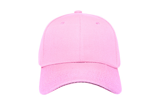 Baseball cap color pink close-up of front view on white background