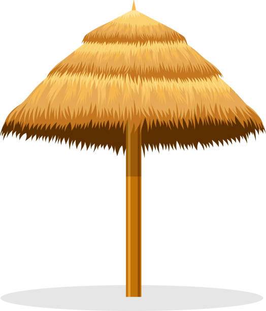 beach straw umbrella beach straw umbrella wooden sunshade. Vector illustration in flat style straw roof stock illustrations