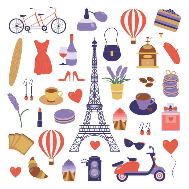 ilustrações, clipart, desenhos animados e ícones de paris conjunto com elementos de viagem romântica - french toast toast coffee bread
