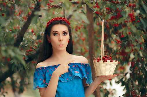 Rustic girl in denim dress picking cherries in her orchard