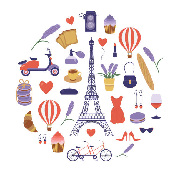 paris set z romantycznymi francuskimi elementami podróży - food and drink croissant french culture bakery stock illustrations