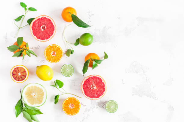 istock Colorful fresh fruits on white background. Flat lay, top view 936382004