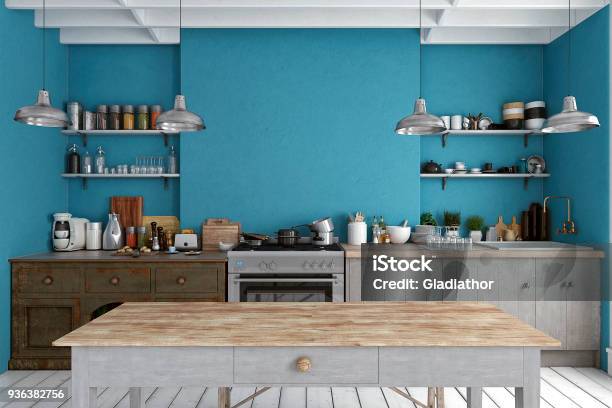 Leere Klassische Küche Stockfoto und mehr Bilder von Küche - Küche, Blau, Speisen