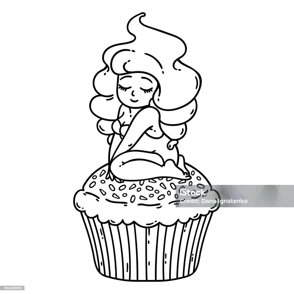 Cupcake cream fairy. Cute girl on cupcake. Cupcake cream fairy. Cute girl on cupcake. Isolated objects on white background. Vector illustration. Coloring outline. Art stock vector