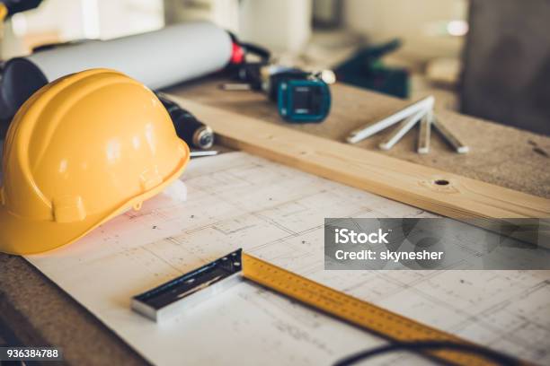 Architectural Equipment At Construction Site Stock Photo - Download Image Now - Construction Industry, Construction Site, House