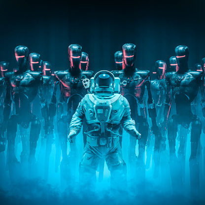 3D illustration of science fiction scene with ominous military robots surrounding lone human astronaut