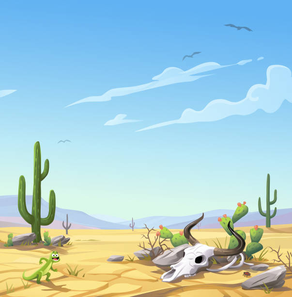 Desert A barren, dry, desert landscape with rocks, a cow skull and a lizard in the foreground. In the background are hills and mountains, cactuses and and a cloudy blue sky. Vector illustration with space for text. barren cow stock illustrations