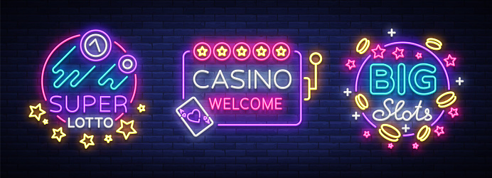Casino set of s in neon style. Design template. Neon sign collection, light banner, billboard, bright light advertising gambling, casino, poker, slot machines, bingo lotto. Vector illustration.