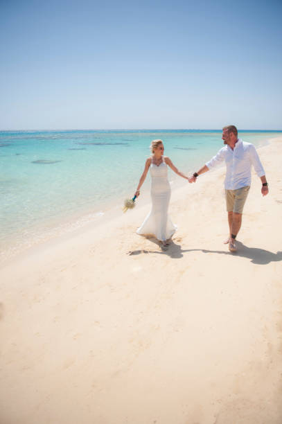 istock Beautiful married couple on a tropical beach wedding day 936393120