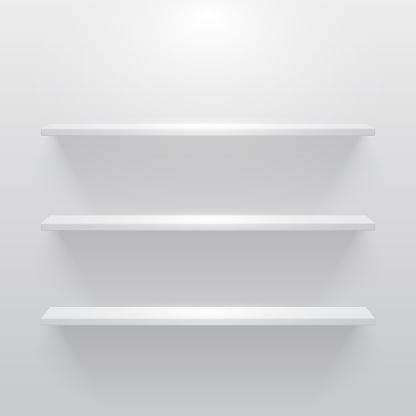 Shelf with light and shadow in empty white room.
