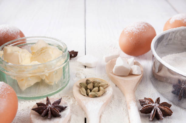 istock Homemade bakery, baking ingredients on rustic desk 936394332