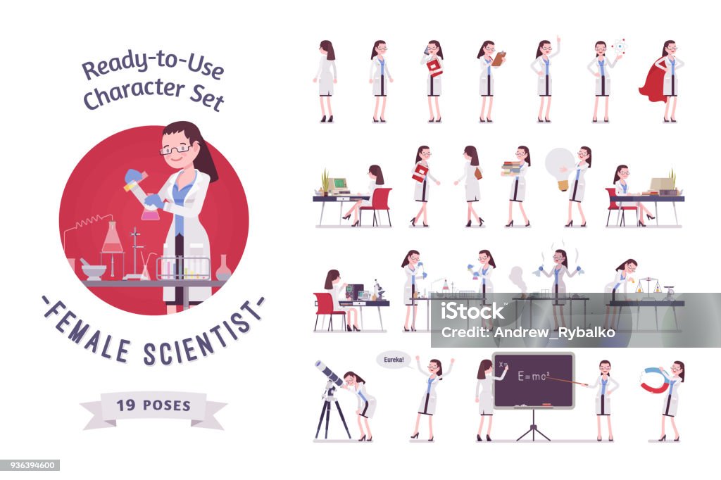 Female scientist ready-to-use character set Female scientist ready-to-use character set. Expert of physical or natural laboratory in white coat, full length, different views, gestures, emotions, front, rear view. Science and technology concept Scientist stock vector