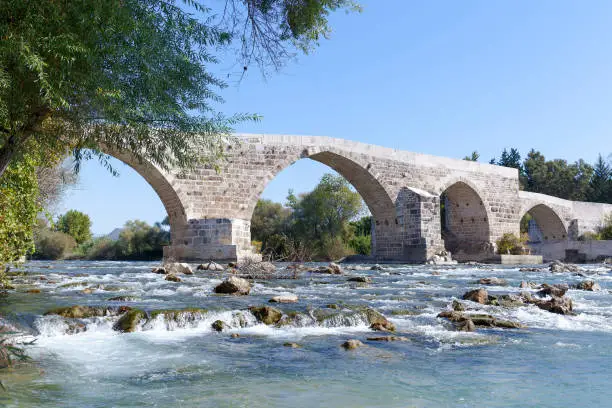 Selçuk bridge in the ancient city of Aspendos, located in Antalya, Turkey.
