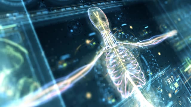 Animasi antarmuka pengguna HUD dengan analisis tubuh dan dna bergerak pada latar belakang gelap untuk konsep futuristik cyber dengan biji-bijian diproses
