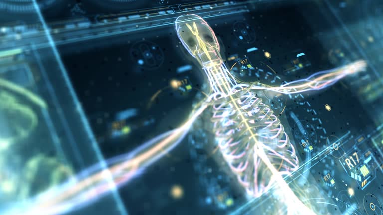 Animation of user interface HUD with body analysis and dna moving on dark background for cyber futuristic concept with grain processed