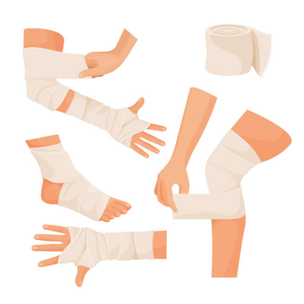 Elastic bandage on injured human body parts set Elastic bandage on injured human body parts set. Special tape made of textile on arms and legs. Medical equipment isolated realistic vector illustrations set. bandage stock illustrations