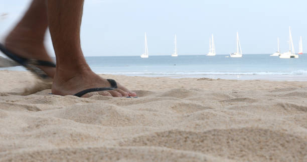 砂の上を歩くサンダルで足の低い作物。 - flip flop human foot sand women ストックフォトと画像