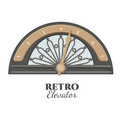 Retro elevator part that shows number of floor. Vintage lift detail with golden pointer and semi-circle with metal curves isolated realistic vector illustration.