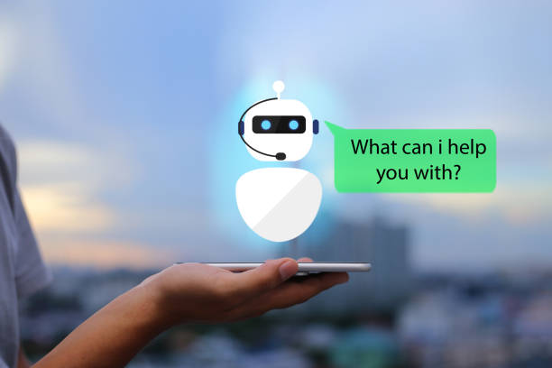 artificial intelligence,AI chat bot concept. Man hands holding mobile phone on blurred urban city as background telegram machine photos stock pictures, royalty-free photos & images