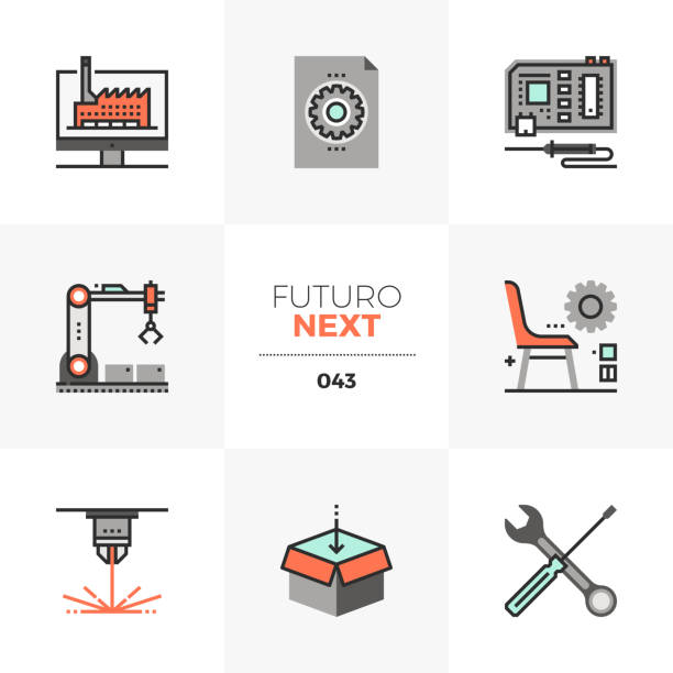 Fabrication Lab Futuro Next Icons Semi-flat icons set of fab lab development, digital production. Unique color flat graphics elements with stroke lines. Premium quality vector pictogram concept for web, icon, branding, infographics. technology office equipment laboratory stock illustrations