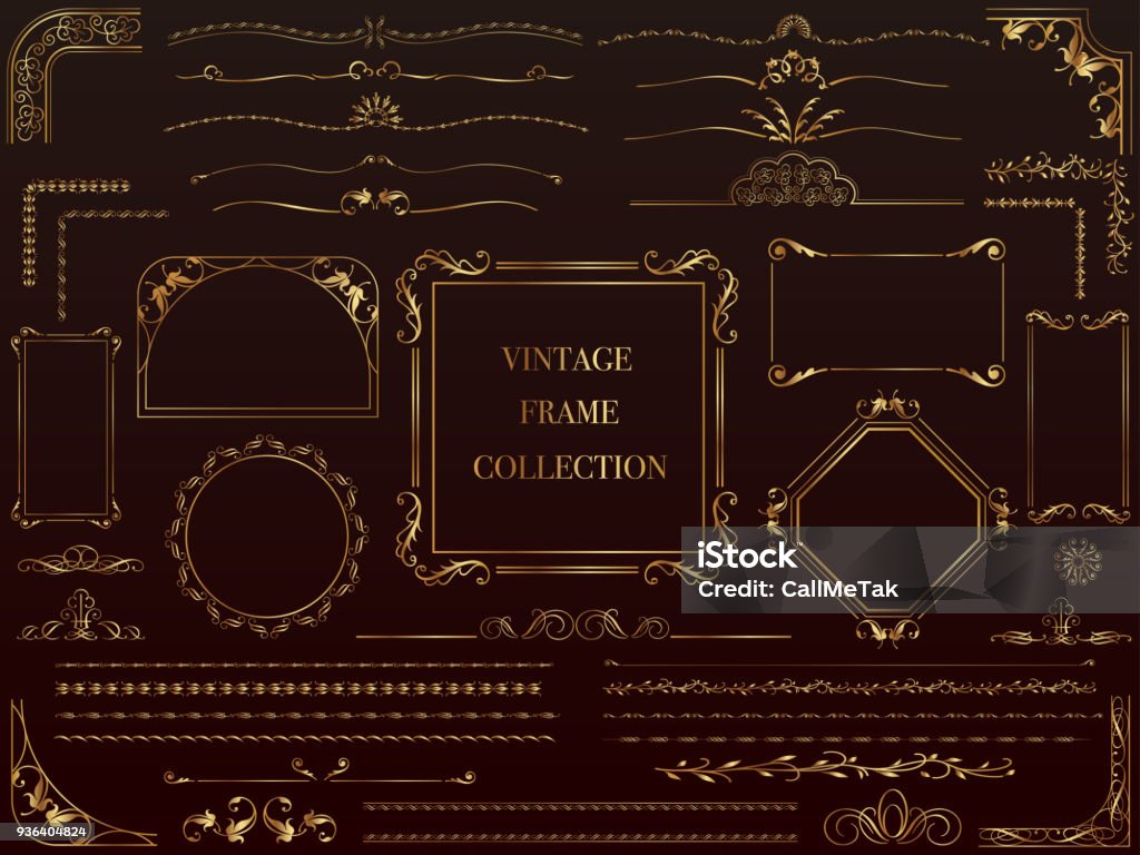 Set of assorted gold vintage frames. Set of assorted gold vintage frames, vector illustration. Border - Frame stock vector