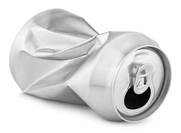 Crumpled empty blank soda or beer 330 ml can garbage isolated on white background with clipping path