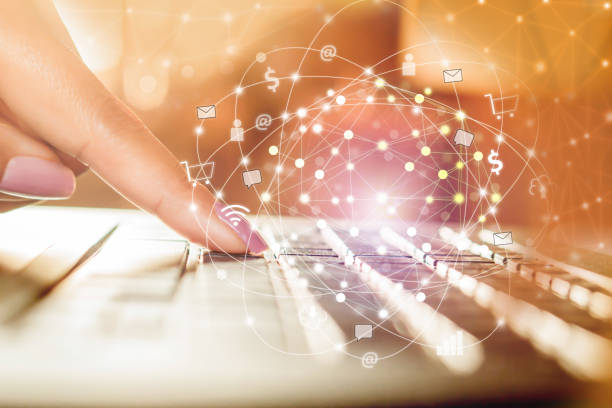 istock woman hand typing on computer laptop with technology connection and internet of things,social media concept 936405966