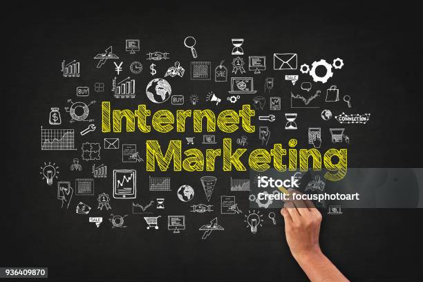 Internet Marketing Word On Blackboard With Supportive Icons Stock Photo - Download Image Now