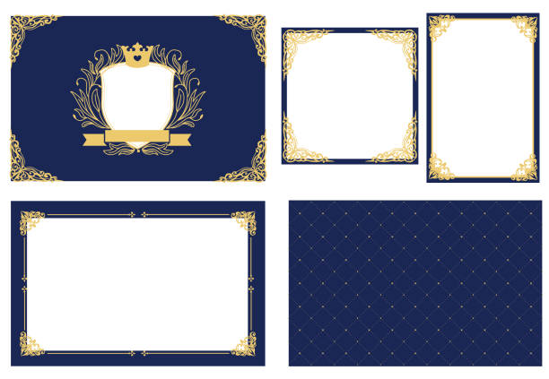Set of vector picture frame. Dark navy blue with gold. Decorative corner. Coat of arms for little prince photo with crown. Royal design card. Invitation template for baby shower, birthday, wedding. prince royal person photos stock illustrations
