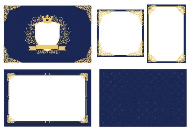 Vector illustration of Set of vector picture frame. Dark navy blue with gold. Decorative corner.