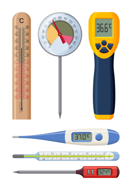Set of realistic thermometers for different needs. Medical and cooking Set of realistic thermometers for different needs. Medical and cooking. Vector illustration. cartoon thermometer stock illustrations