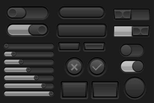 ilustrações de stock, clip art, desenhos animados e ícones de black interface buttons set - shape rectangle chrome interface icons