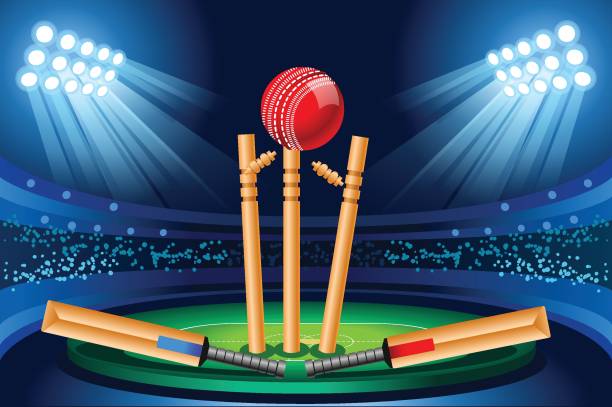 Cricket stadium vector wallpaper Cricket stadium background. Hitting recreation equipment. Vector design. wicket stock illustrations