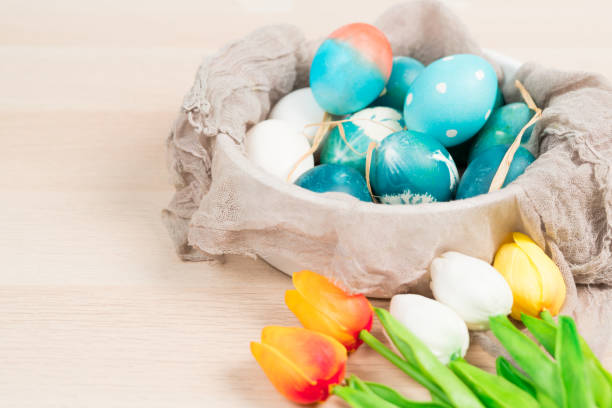 istock Happy easter, organic blue easter eggs with white color eggs wait for painting, easter holiday decorations, easter concept backgrounds with copy space 936417014