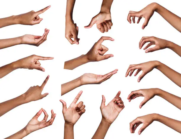 Black womans hands gestures and signs collection isolated on white background. Collage of multiple shots