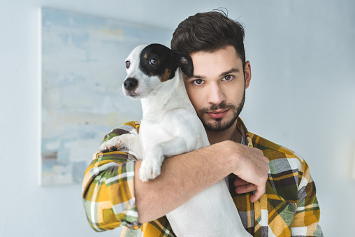 handsome man holding jack russell terrier dog