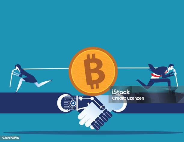 Cryptocurrency Business People Competition For Bitcoin Mining Concept Business Vector Illustration Stock Illustration - Download Image Now