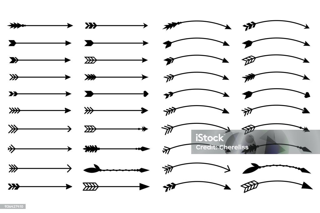 Hipster-Pfeile. Pfeile im Boho-Stil. Stammes-Pfeile. Reihe von indischen Stil Pfeilen. Rustikale Deko Pfeile. Vektor - Lizenzfrei Pfeilzeichen Vektorgrafik