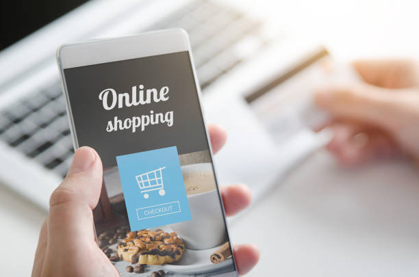 Using smartphone for online shopping. Credit card internet pay.
