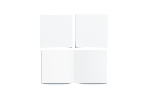 Blanco blanco dos mock de folleto cuadrado doblado para arriba, abierto cerrado photo