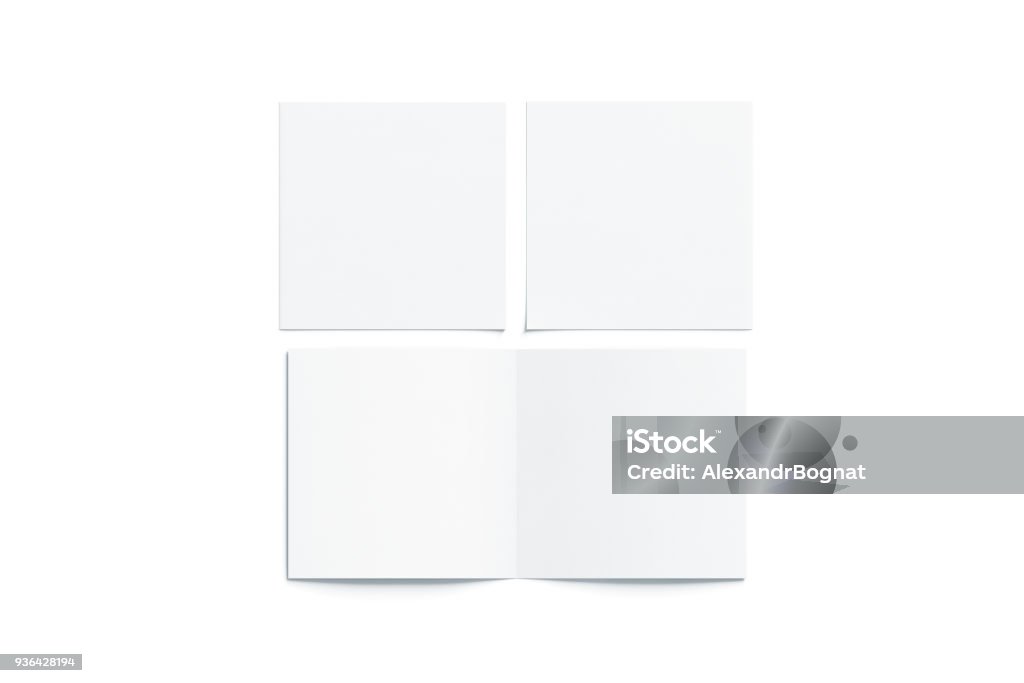 Blank white two folded square booklet mock up, opened closed Blank white two folded square booklet mock up, opened and closed, front and back side, top view, 3d rendering. Plain twofold brochures mockups set isolated. Book cover and flier inside, copy space. Square - Composition Stock Photo