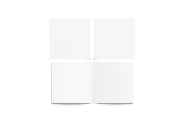 Blank white two folded square booklet mock up, opened closed Blank white two folded square booklet mock up, opened and closed, front and back side, top view, 3d rendering. Plain twofold brochures mockups set isolated. Book cover and flier inside, copy space. square composition stock pictures, royalty-free photos & images