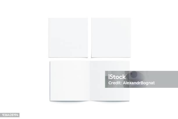 Blank White Two Folded Square Booklet Mock Up Opened Closed Stock Photo - Download Image Now