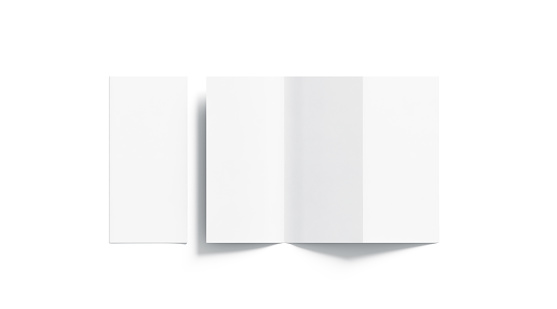 Blank white tri folded booklet mockup, opened and closed, top view, 3d rendering. Plain trifold brochures mock ups set isolated. Book cover and three flier inside, copy space.